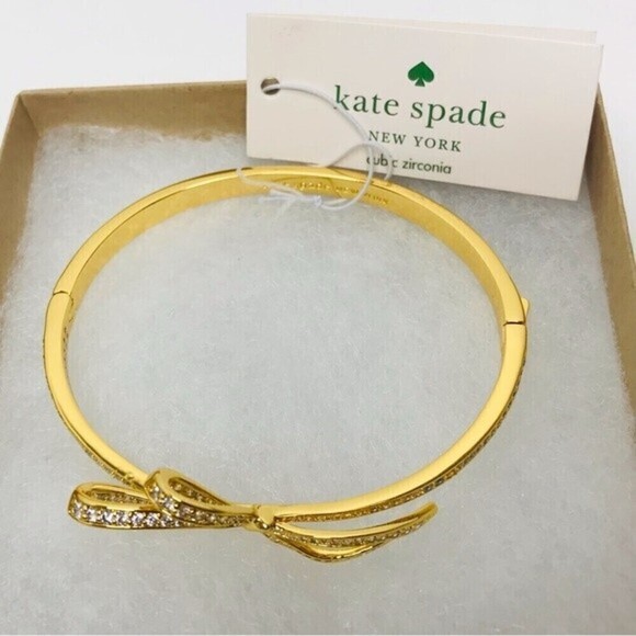 New! Kate Spade Cubic Zirconia All Tied Up Pave Bow Bangle Gold Plated Bracelet - Picture 5 of 9